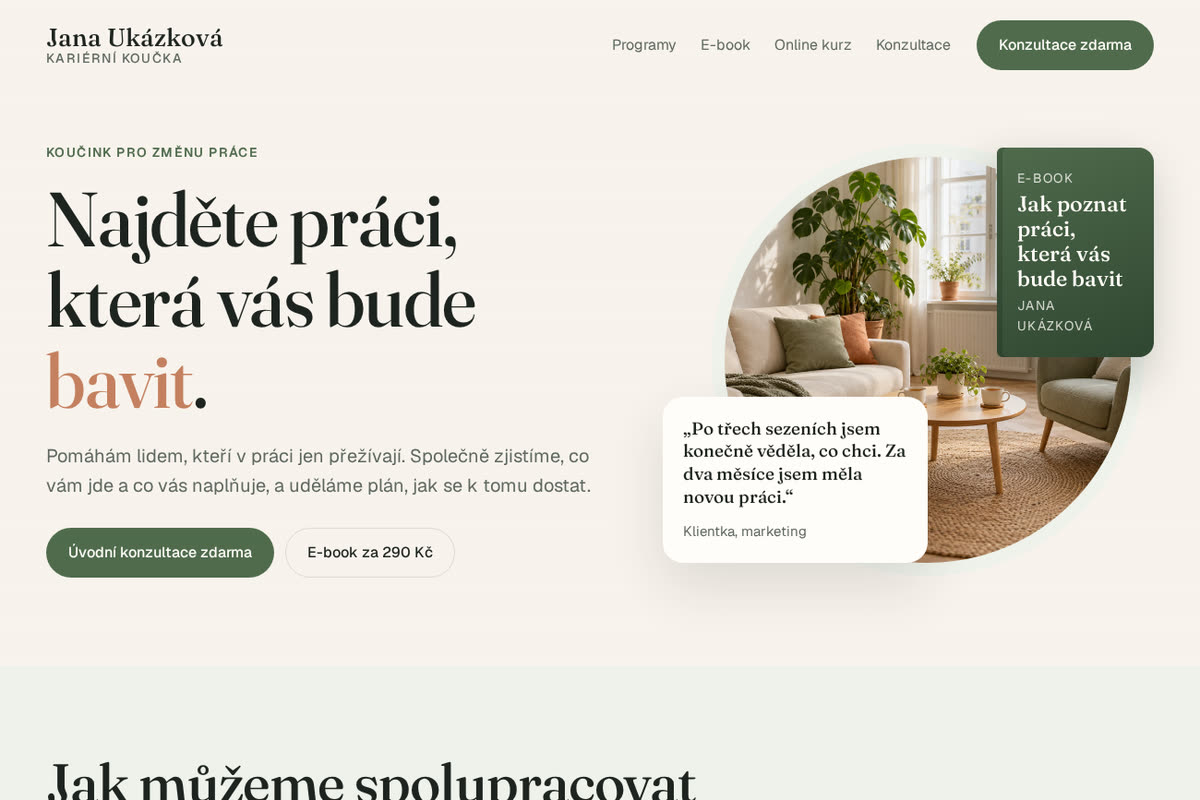 Ukázka webu kariérní koučky na počítači